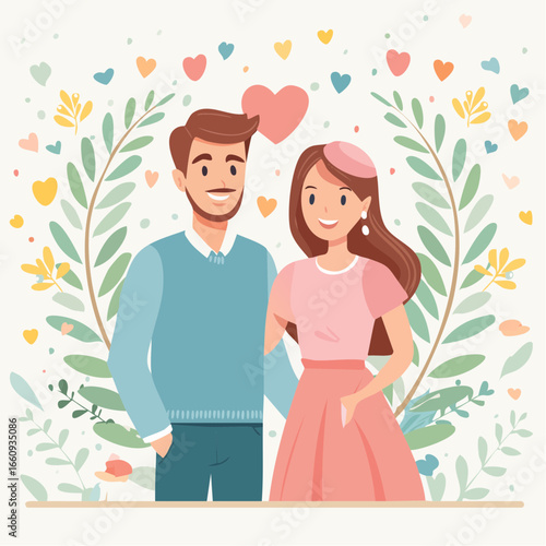 Romantic Couple Illustration with Floral Heart Frame