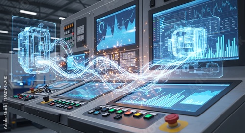 Futuristic Industrial Control Panel with Holographic Data