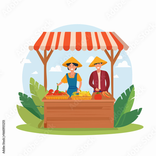 Farmers Market Illustration: Fresh Produce Stand with Vendors