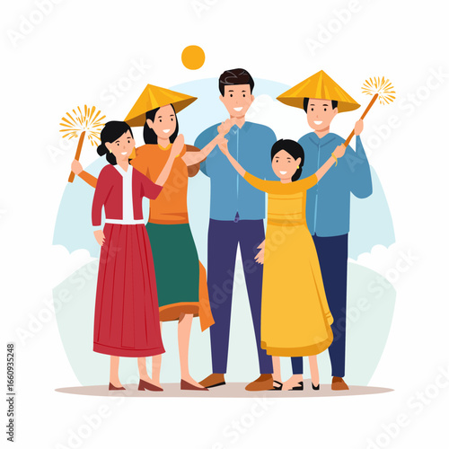 Asian Family Celebrating with Sparklers, Traditional Hats