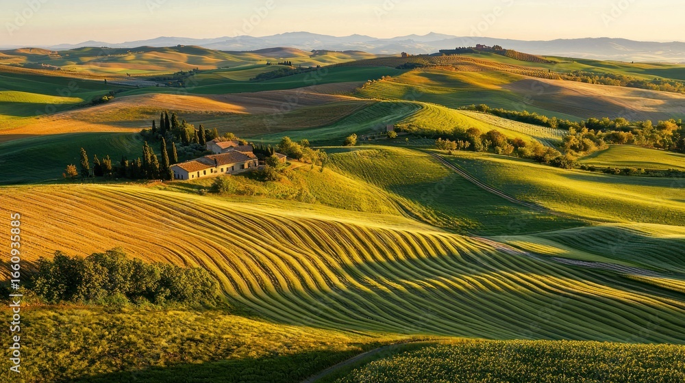 Obraz premium A breathtaking panoramic view of the Tuscan countryside at sunrise. Rolling hills covered in vibrant green fields and vineyards stretch out towards the horizon.
