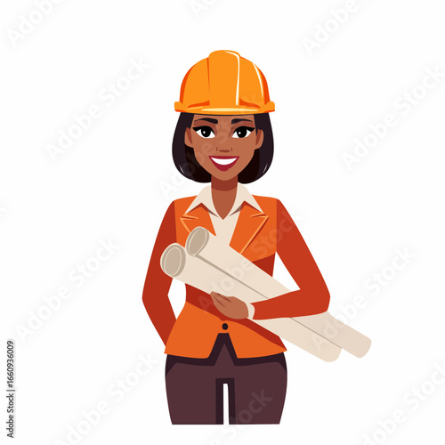 Confident Female Architect with Blueprints, Cartoon Illustration