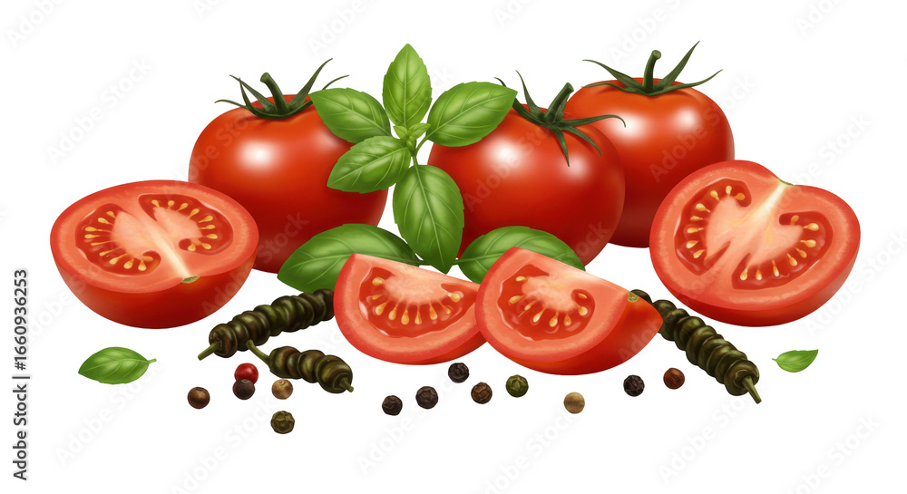 Fototapeta premium Freshly cut tomatoes with basil leaves and spices isolated on white background arranged on a kitchen counter