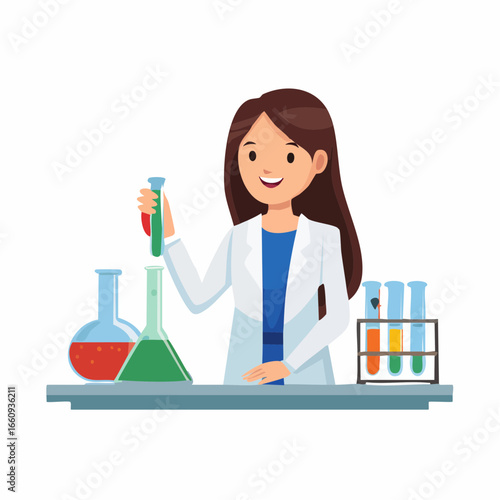 Cheerful Female Scientist Conducting Experiment with Colorful Liquids
