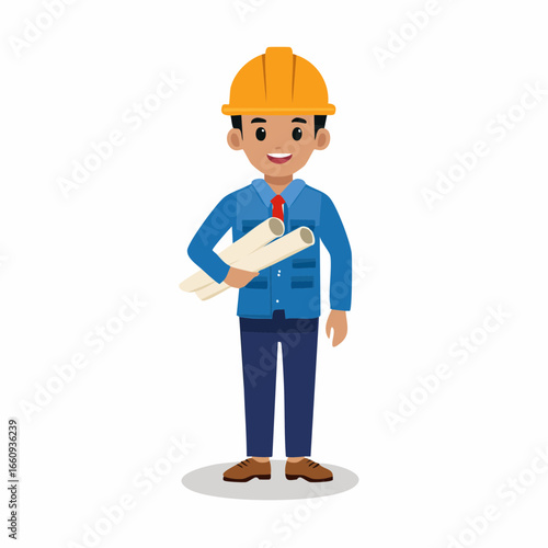 Cartoon Construction Worker Holding Blueprints