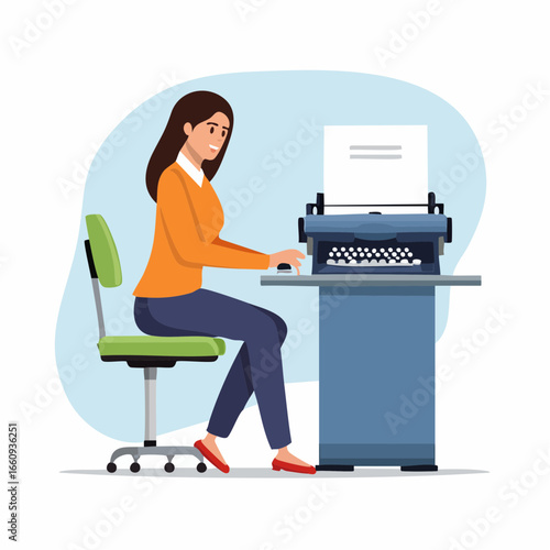 Woman Typing on a Typewriter - Retro Writing Illustration