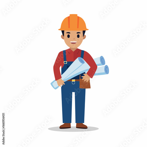 Construction Worker with Blueprints Illustration