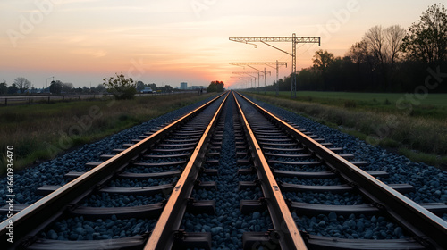 train tracks on gravel, two of railways tracks merge  with sunset background, concept of success