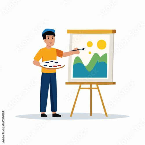 Young Artist Painting Landscape on Easel