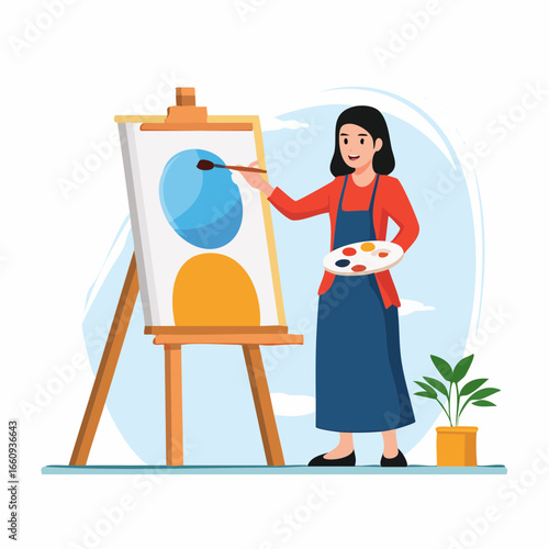 Artist at Easel Painting Abstract Shapes