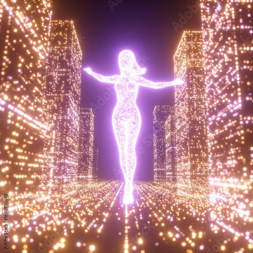 Glowing Woman Walking Cityscape at Night