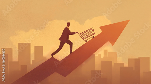 A businessman pushes a shopping cart up a rising arrow, symbolizing growth and success in commerce against a city backdrop.