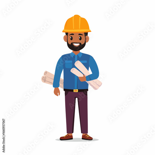 Confident Construction Worker with Blueprints Cartoon