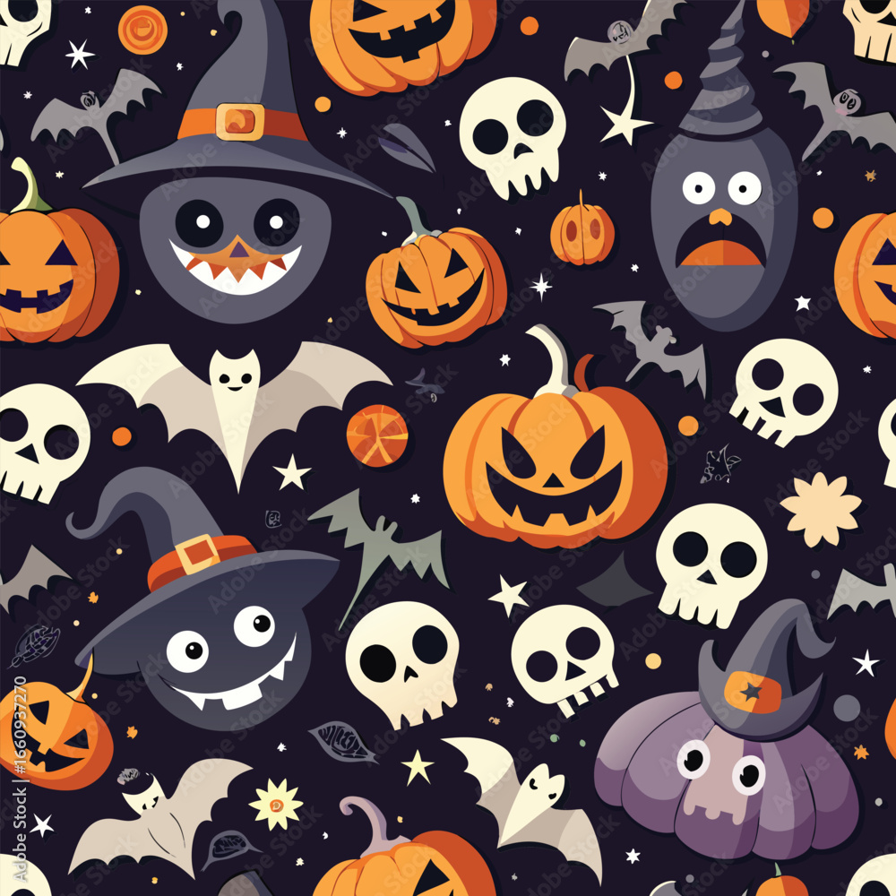 Fototapeta premium A spooky and seamless repeating halloween pattern with classic spooky elements and vibrant colors