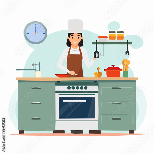 Cheerful Chef Cooking in a Kitchen Illustration