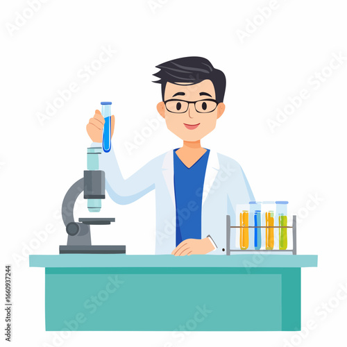 Cartoon Scientist at Lab Bench with Microscope and Test Tubes