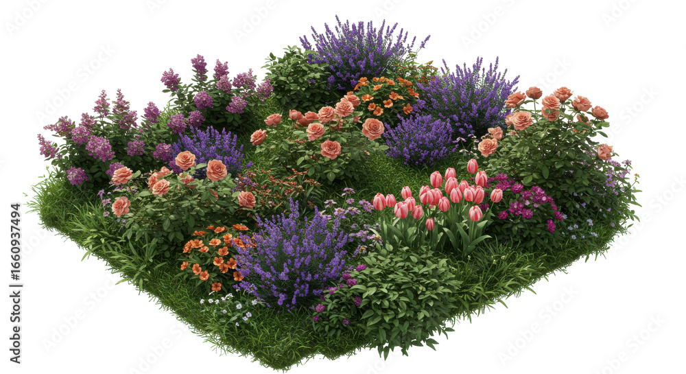 Naklejka premium Vibrant flower garden showcasing a variety of blooms isolated on white background surrounded by lush greenery