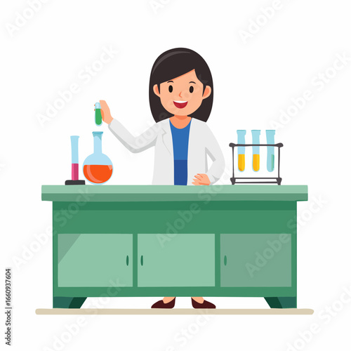 Cartoon Scientist at Laboratory Bench with Test Tubes
