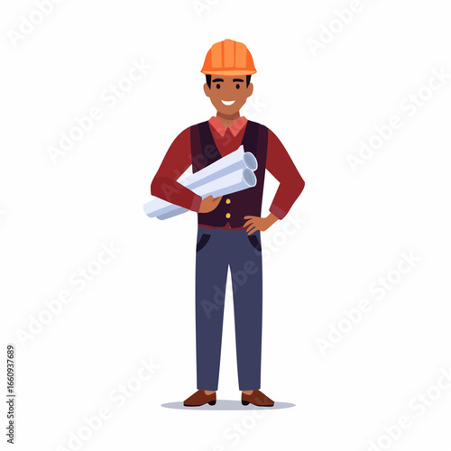 Confident Construction Worker with Blueprints