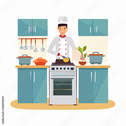 Cheerful Chef Cooking in a Cozy Kitchen Illustration