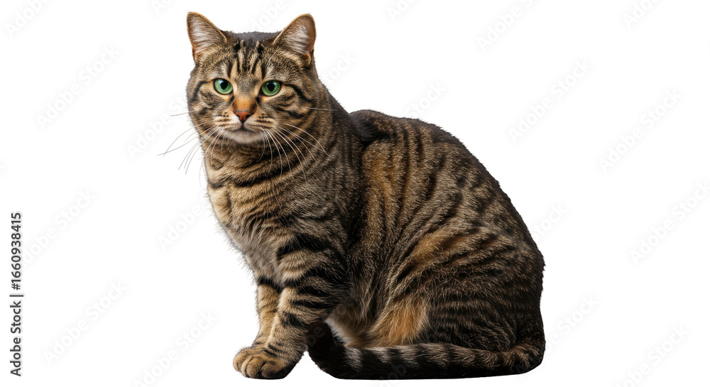 Obraz premium A close up of a tabby cat sitting gracefully isolated on white background showcasing its vibrant green eyes and striped fur