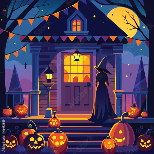 Spooky halloween scene at dusk featuring a silhouette of a witch against a dark atmospheric sky