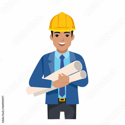 Confident Architect Holding Blueprints Illustration