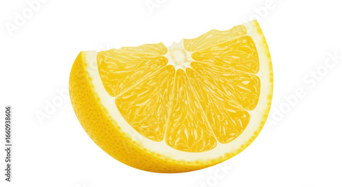 Freshly sliced lemon wedge isolated on white background highlighting its vibrant color and texture