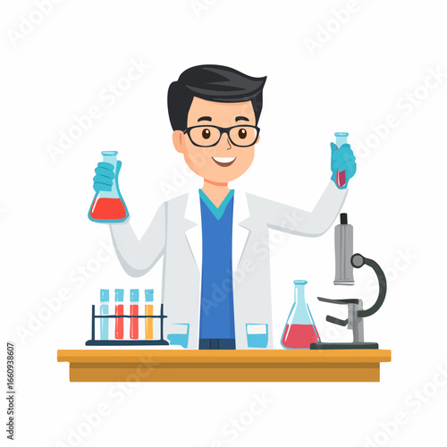 Cartoon Scientist Experimenting with Chemicals Illustration