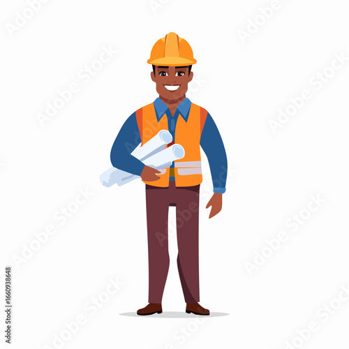 Smiling Construction Worker with Blueprints Illustration