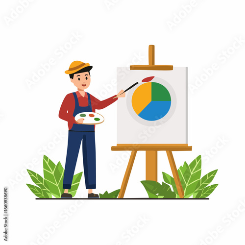 Artist Painting Circular Design on Canvas, Vector Illustration