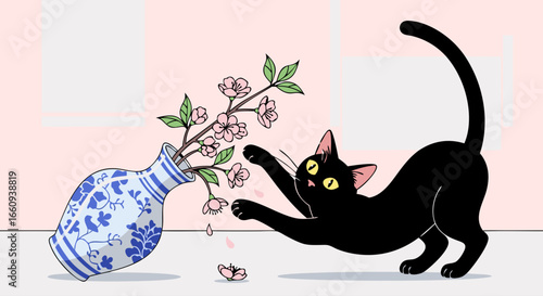 Mischievous Black Cat Tipping Over Vase with Cherry Blossoms