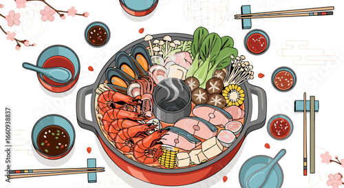 Asian Hot Pot Feast: Seafood, Vegetables, and Culinary Delights