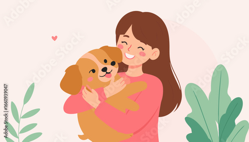 Girl Hugging Puppy: Affectionate Cartoon Illustration