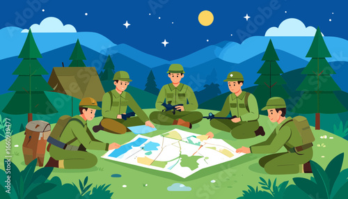Military Strategy Session: Soldiers Planning Operation in Nature