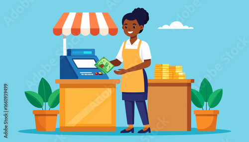Market Vendor Transaction: Smiling Woman and Cash Register