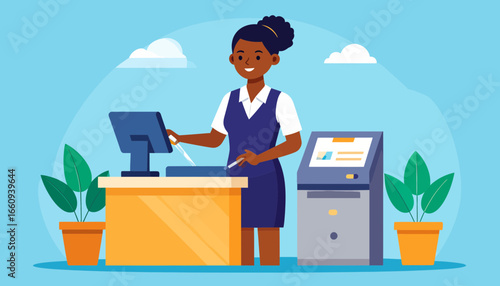 Smiling Female Cashier at Checkout Counter Illustration