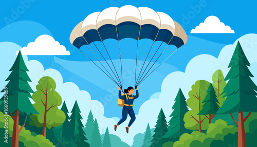 Parachuting Adventure: Cartoon Illustration of a Skydiver over a Forest