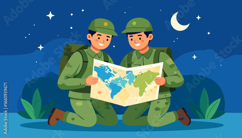 Cartoon Soldiers Orienting with Map Under Moonlight
