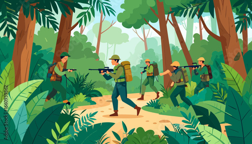 Jungle Patrol: Soldiers on Operation in Tropical Forest