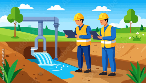 Water Infrastructure Inspection: Workers Assessing Pipeline System