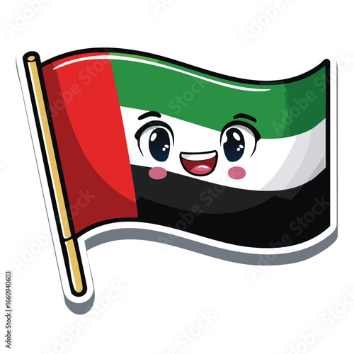Cartoon illustration of the United Arab Emirates flag with a smiling face and kawaii style.