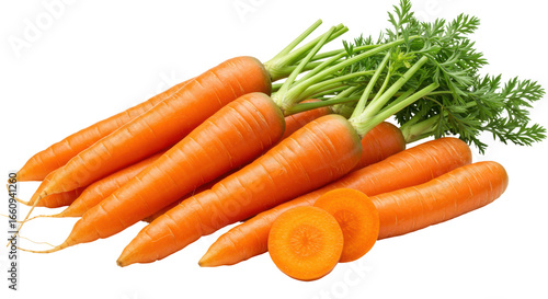 Freshly harvested carrots isolated on white background with vibrant orange color cut and displayed on a clean surface