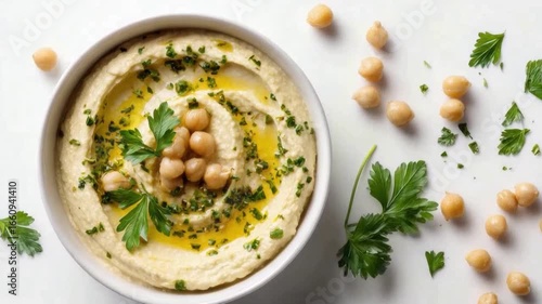 Hummus Delight: A vibrant bowl of creamy hummus is adorned with chickpeas, fresh parsley, and a drizzle of olive oil, capturing the essence of a delicious Middle Eastern culinary experience.