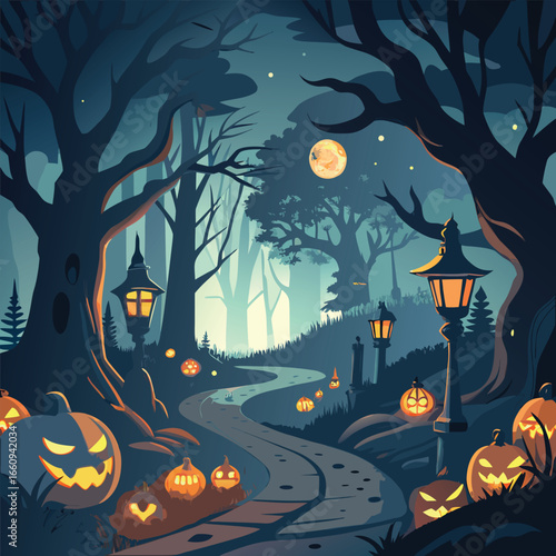 Spooky and atmospheric halloween scene set in a dark mysterious night with a full moon and eerie elements