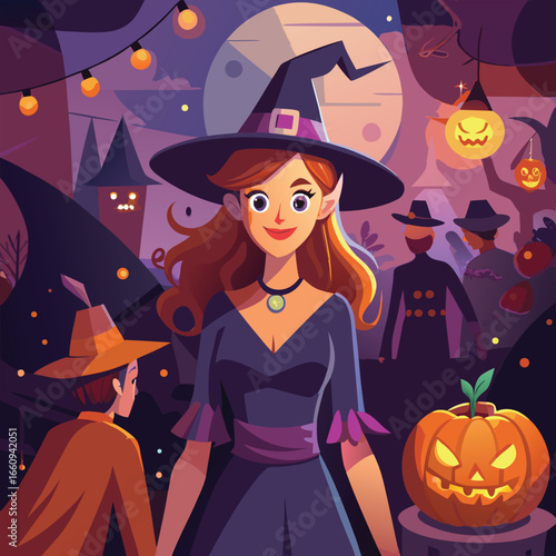 A young woman dressed as a witch featuring a classic pointed hat and flowing costume perfect for halloween celebrations
