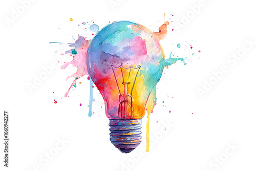 Colorful watercolor illustration of a light bulb with vibrant splashes, symbolizing creativity (1)