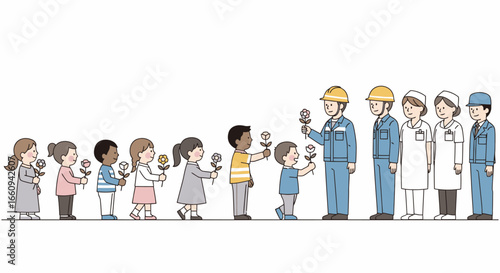 Children Learning and Honoring Workers in a Line with Respect and Gratitude, Educational and Inspirational Concept of Appreciation for Labor and Careers, Cartoon Style