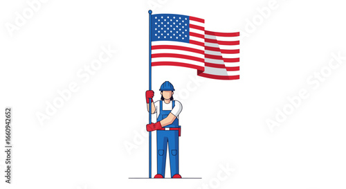 Construction Worker Holding American Flag at Worksite, Patriotic Labor Day Celebration, National Independence Day, Workforce Respect and Hard Work, National Pride and USA Flag Representation