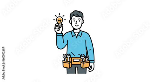 Creative Male Character Holding Light Bulb and Toolbox, Symbolizing Innovation, Problem Solving, and Technical Skills, With Friendly Expression in Modern Digital Illustration for Business and